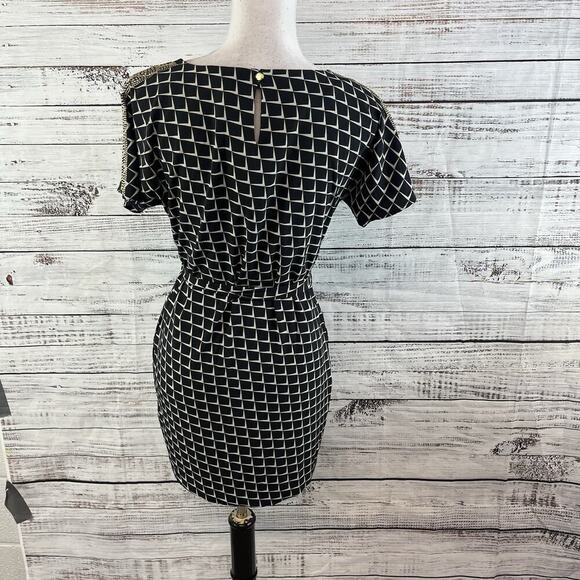 AX Armani Exchange Dress size 0 Black Ivory Gold Studs Stretch Dinner Cocktails - Picture 9 of 10